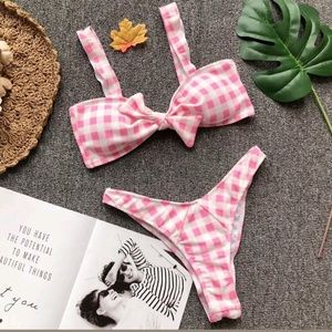 NEW Pushup Pink Gingham Tie Bikini M